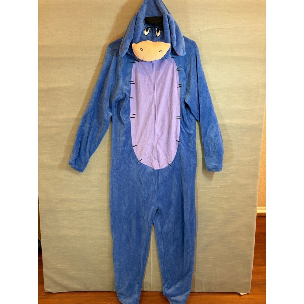 Disney Eeyore Hooded Onesie Pajamas Adult Size Large Blue Plush Costume‎